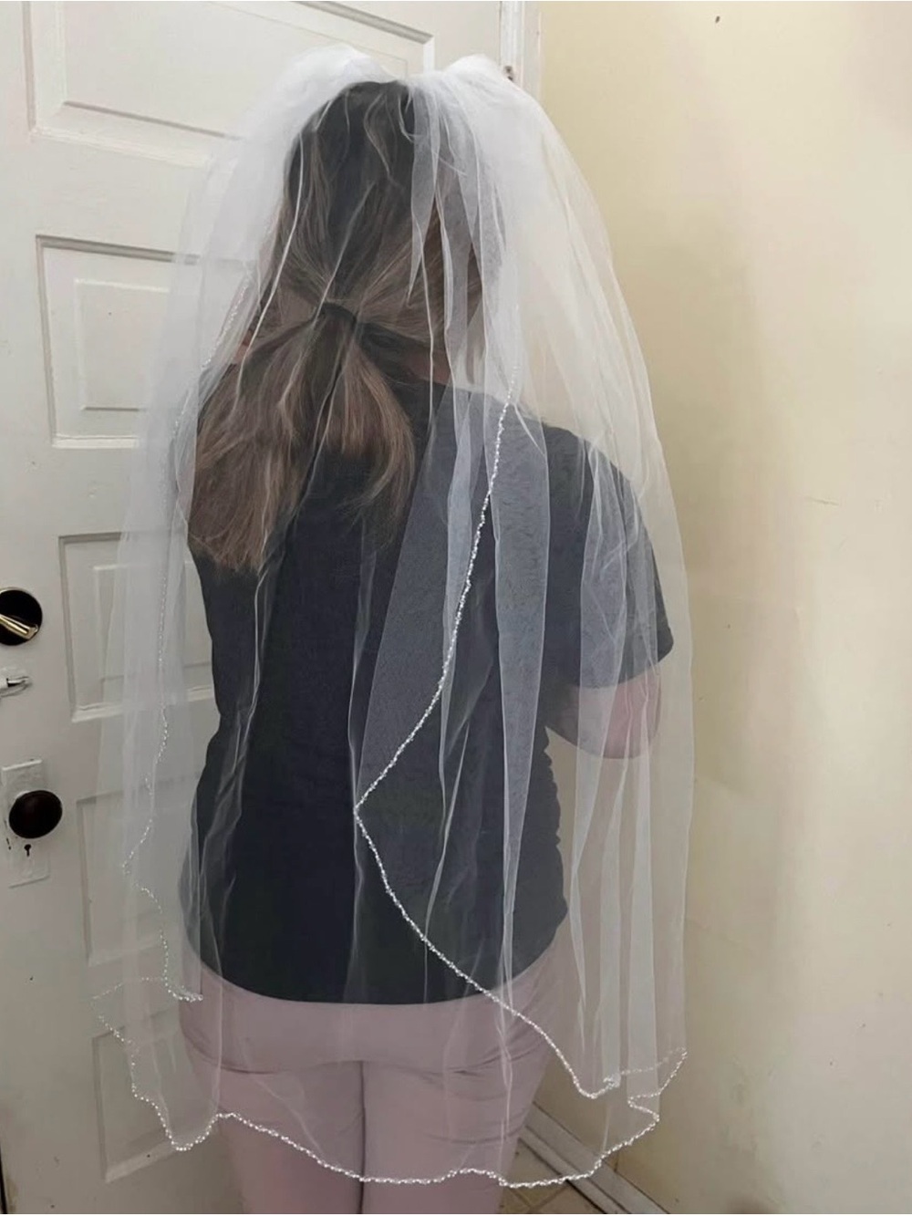 Kennedy Blue White Bridal Veil with Beaded Edge - Women Accessories
